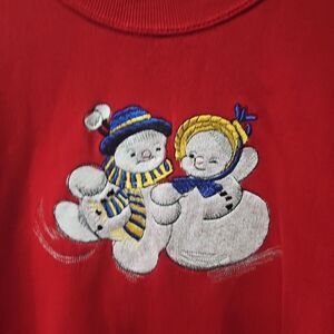 Vintage XL Embroidered Snowman Holiday Red Christmas Sweatshirt Snowmen Dancing